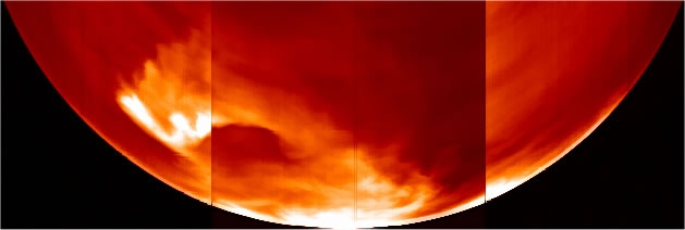 Répartition des émissions d&#039;oxygène sur la planète Vénus (face nocturne, vue du pole sud)