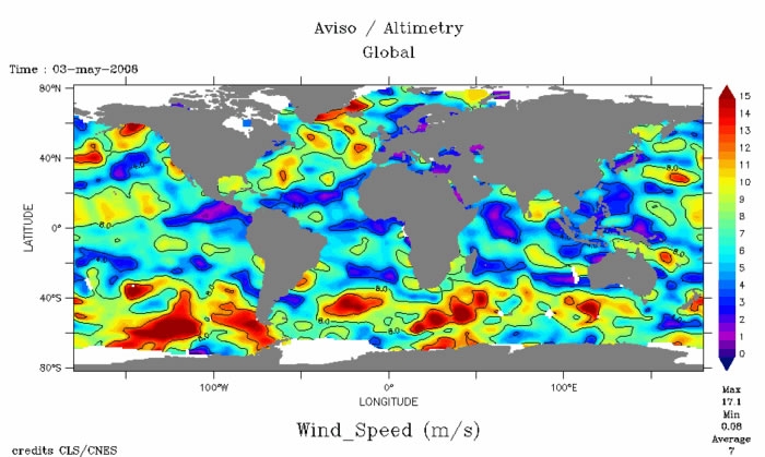 Une des composantes de l’AMR est sensible aux variations de la surface de l’océan dues aux vents. Elle indique donc indirectement la vitesse des vents qui sont ainsi cartographiées.