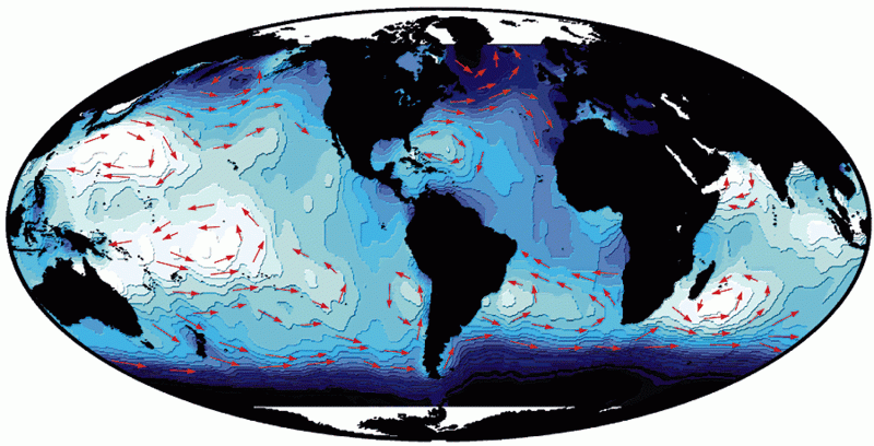 Cartographie des grands courants océaniques. Crédits : AVISO.