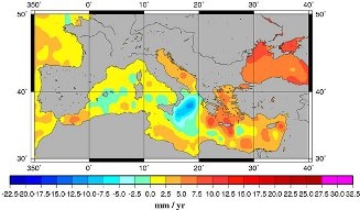 Le niveau moyen de la Méditerranée s’est élevé, conséquence du réchauffement climatique. Crédits : AVISO.