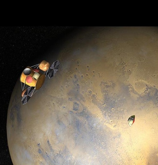 Vue d&#039;artiste de l&#039;orbiteur, à droite l&#039;atterrisseur se rapprochant de Mars. Crédit : NASA/JPL.