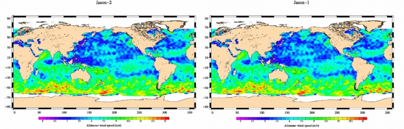 Jason-2 Wind Speed map (left) plotted from 2008-07-04 to 2008-07-14 data; right the same map plotted from Jason-1 equivalent data. Credits: CNES.