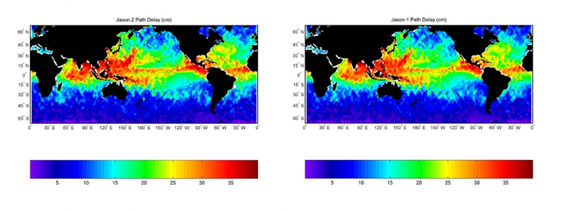 Wet Path Delay map plotted with 2008-07-04 to 2008-07-14 data from the Radiometer onboard Jason-2 (left) ; right the same map plotted with data from the Radiometer onboard Jason-1. Credits: CNES.