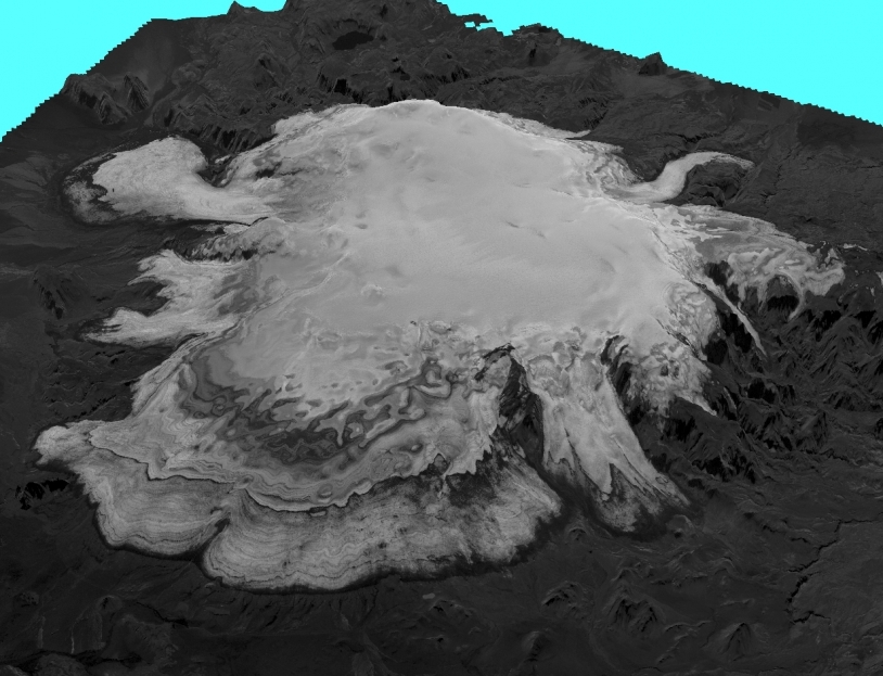 Vue en 3D d&#039;un glacier du sud de l’Islande obtenue avec l’instrument stéréoscopique HRS du satellite SPOT 5. Crédits : CNES 2007/Distribution Spot Image/Traitement CNRS-LEGOS.