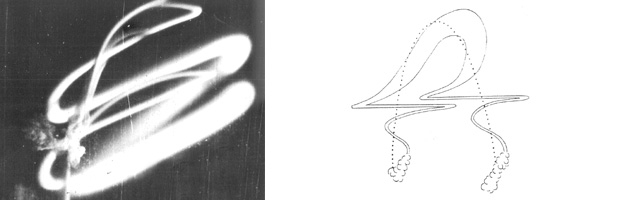 Nuage de sodium déployé pendant la campagne de 1959, à droite le schéma du nuage montre que la haute atmosphère est contituée de différentes couches avec la trajectoire de la fusée en pointillés. Crédits : CNES.