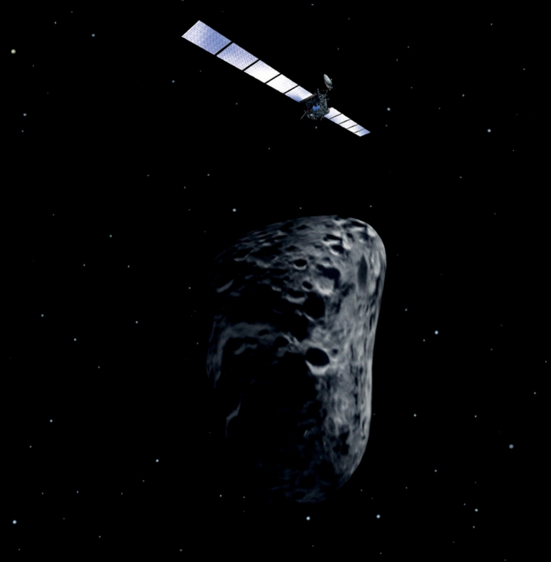 The Rosetta probe will fly past the asteroid to within 800 km at closest approach. Credits: ESA/AOES Medialab.