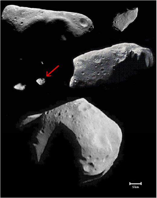 Comparativement aux autres astéroïdes déjà survolés, Steins est très petit. Il mesure un peu plus de 5 km de diamètre. Crédits : Lucy McFadden, Université du Maryland.
