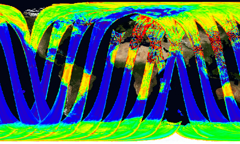 First SMOS picture of brightness temperatures of land and ocean surfaces, blue showing the lowest temperatures and red the highest. Credits: ESA.