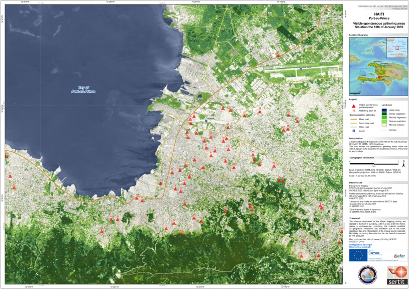 Image satellite de Port-au-Prince réalisée à partir d&#039;une image GeoEye du 13 janvier et d&#039;une image Spot-5 du 15 janvier en fond (La cartographie rapide est réalisée dans le cadre du projet européen GMES/SAFER). Crédits : CNES/SERTIT.