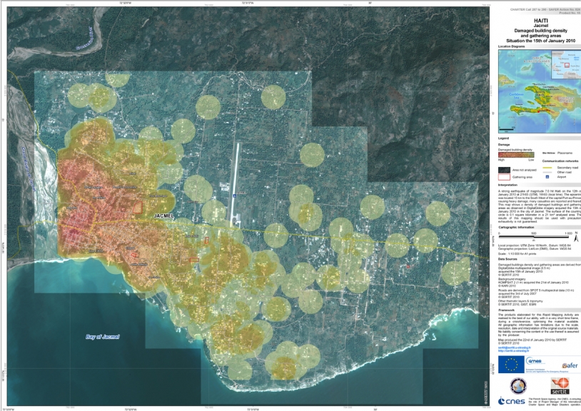 Carte des dégats fournie par la Charte lors du tremblement de Terre en Haïti en janvier dernier. Crédits : image KOMPSAT-2 offerte par KARI à la Charte.