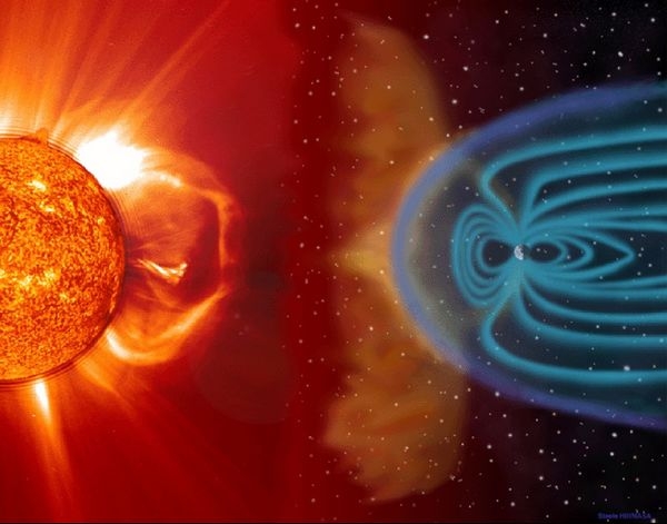 Interaction between the solar wind and Earth’s magnetosphere. Credits: SOHO/LASCO/EIT. NASA. ESA.