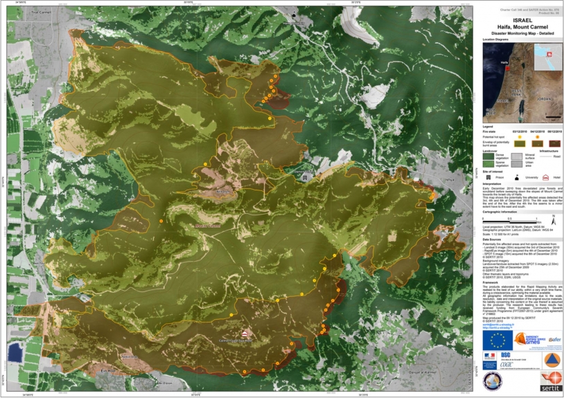 Detailed view of fire dynamics derived from a Landsat 5 image of 3 December 2010, a RapidEye image of 4 December 2010 and a post-fire SPOT 5 image acquired on 8 December 2010. Credits: SERTIT 2010.