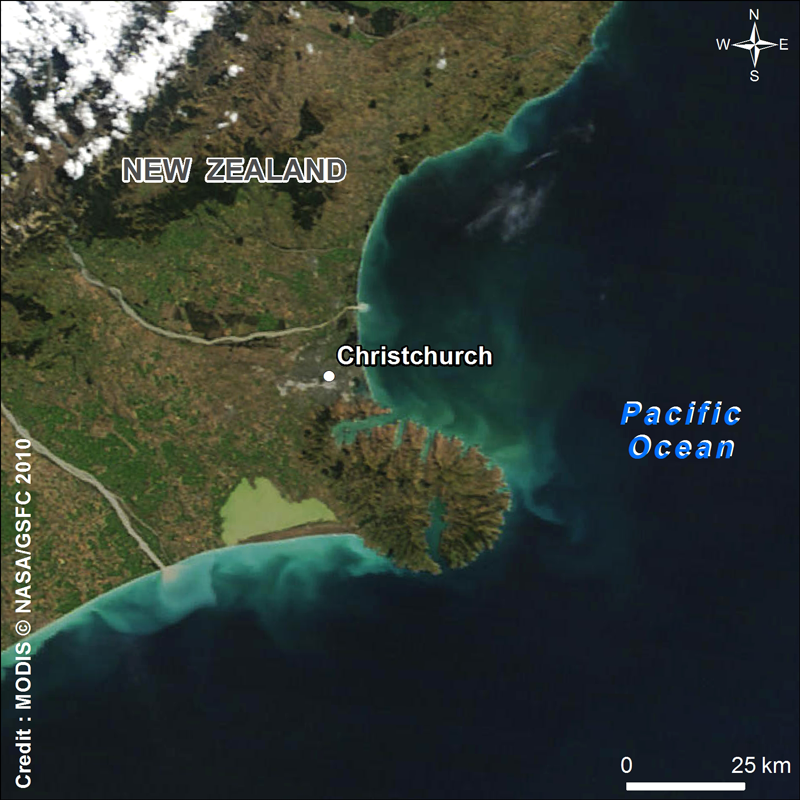Le séisme a touché la ville de Christchurch le 21 février. Crédits : NASA/GSFC.