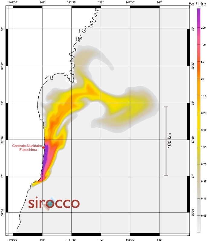 Modélisation par le système SIROCCO de la concentration en Césium 137 dans l&#039;eau de mer (en Becquerel/ L) au 18 avril 2011. Crédits : Groupe SIROCCO.