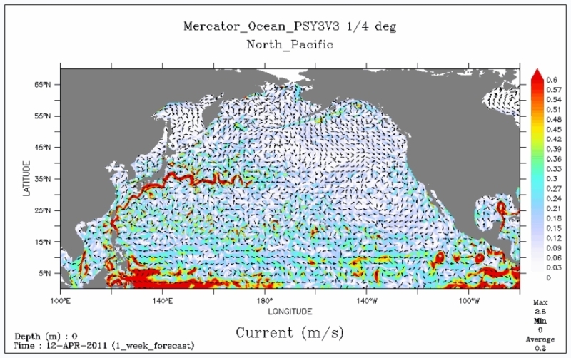 Bulletin d&#039;analyse des courants dans les eaux du Pacifique Nord au 12 avril 2011 (en rouge le Kuroshio). Crédits : Mercator Océan.