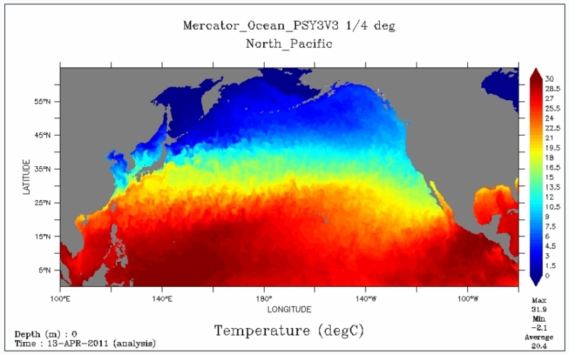 Bulletin d&#039;analyse de la température dans les eaux du Pacifique Nord au 13 avril 2011. Crédits : GIP Mercator Océan.