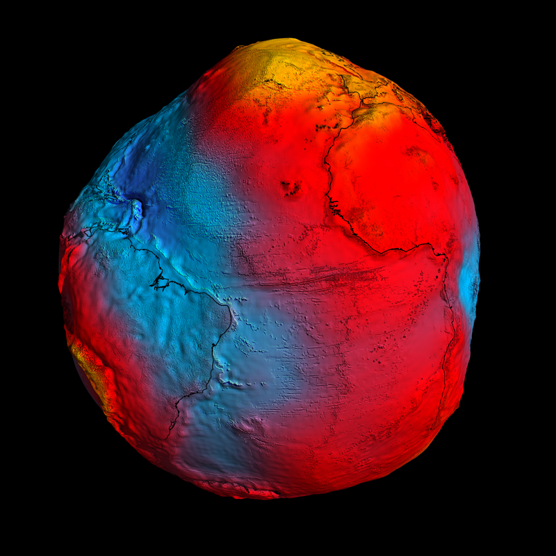 Représentation du géoïde terrestre la plus précise jamais réalisée grâce à GOCE (gravités les plus fortes en jaune ; gravités les plus faibles en bleu). Crédits : ESA/HPF/DLR.