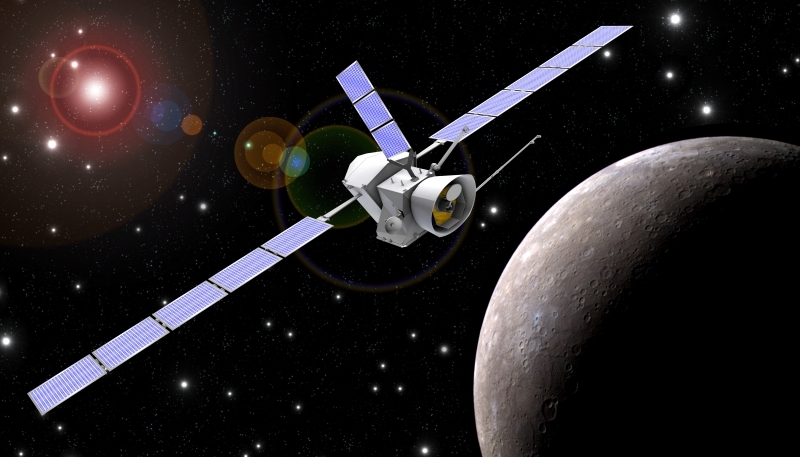 Vue d&#039;artiste des 2 sondes de la mission BepiColombo en orbite autour de Mercure. Crédits : ESA.