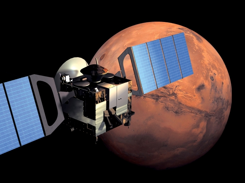 Vue d&#039;artiste de la sonde Mars Express en orbite autour de Mars. Crédits : ESA/ Medialab.