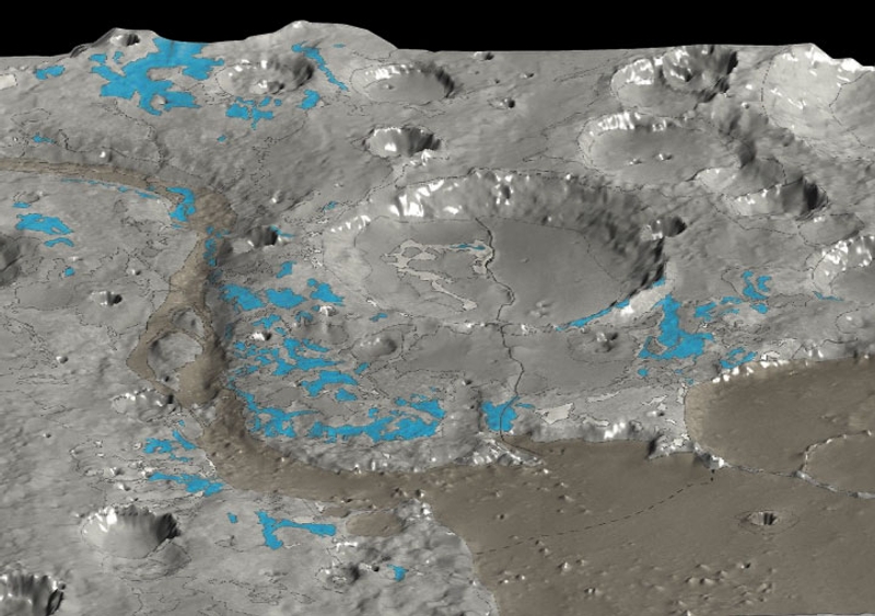 Identification de zones riches en argiles (en bleu) par l’instrument OMEGA de la mission Mars Express, dans la région Mawrth Vallis de Mars. Crédits ESA/ OMEGA /HRSC.