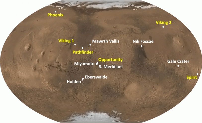 Previous landing sites and the locations of Gale Crater and Eberswalde Crater. Credits: www.planete-mars.com. 