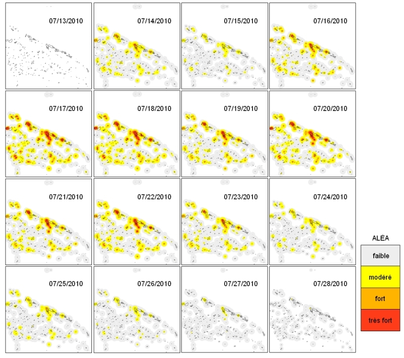 Cartes de ZPOM (Zones Potentiellement Occupées par les Moustiques) : évolution journalière entre le 13 et le 28 juillet 2010 après un évènement de pluie. Crédits : Vignolles et al., 2010.