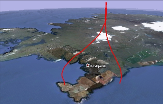 Trajectoire de vol 3D du 1er ballon-sonde lâché en Islande le 19 juillet. Crédits : Google Earth.
