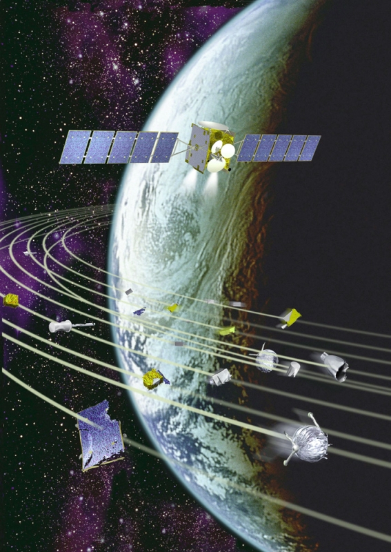 Vue d’artiste d&#039;un satellite et d&#039;un échantillon de débris spatiaux en orbite autour de la Terre. Crédits : CNES/ D. Ducros.