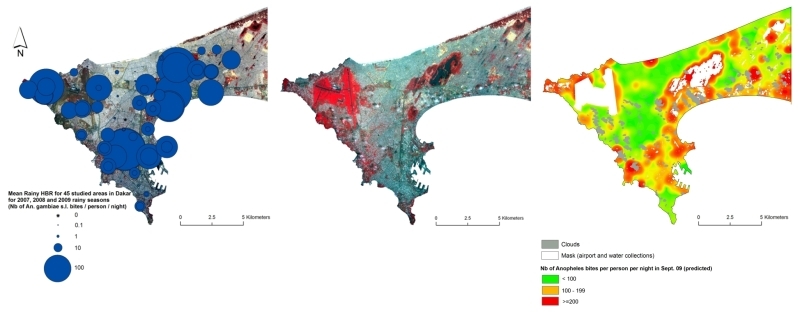 Maps of urban malaria in Dakar, Senegal. From left: bites from Anopheles mosquitoes per person per night, 2009 rainy season; 2.5-m SPOT 5 image from the same period; predictive entomological exposure map for 20 September 2009. Credits: CNES/ Spot Image.