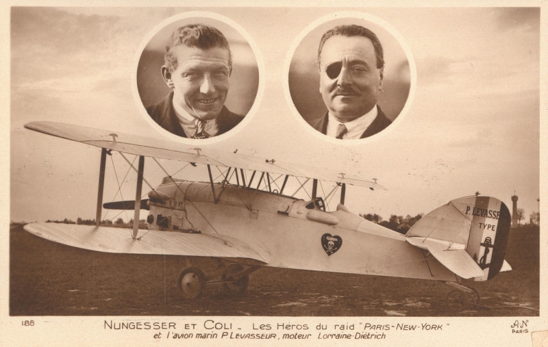 French aviators Charles Nungesser and François Coli, and their biplane l&#039;Oiseau Blanc. Credits: Association La recherche de l&#039;Oiseau Blanc.