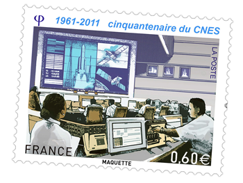 Timbre spécial « 50 ans du CNES. » Crédits : La Poste. 