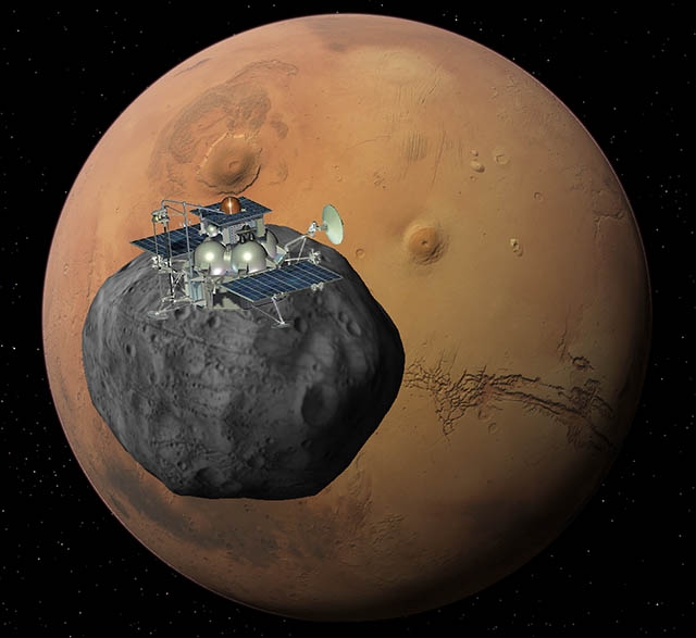 La sonde Phobos-Grunt devrait rejoindre Phobos au printemps 2013. Crédits : Ill. Roscosmos.