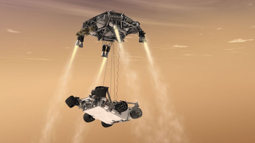 MSL, une technique d&#039;atterrissage inédite. Crédits : Ill. NASA/JPL-Caltech.