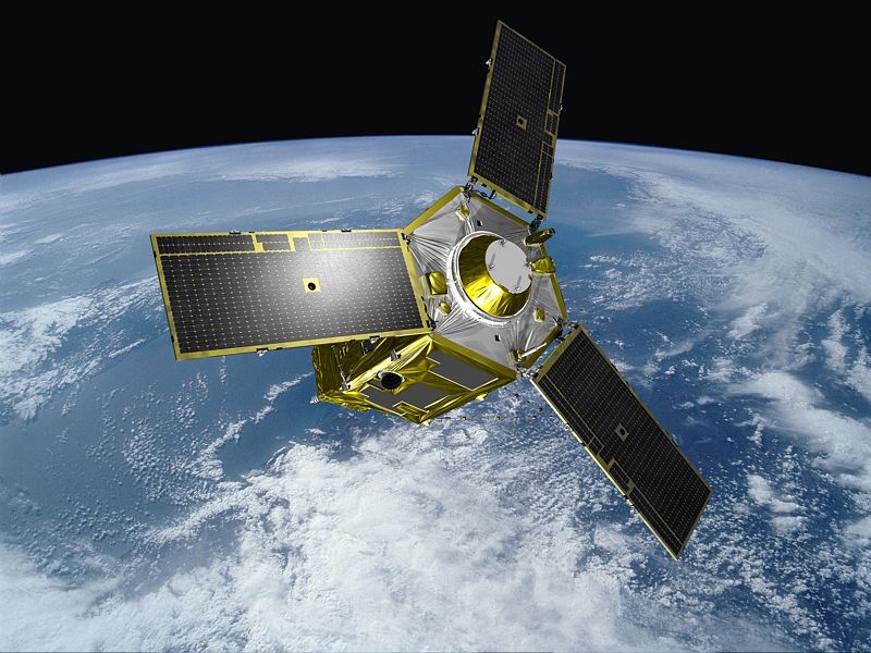 The first Pléaides satellite, in orbit. Credits: EADS Astrium/Master Image Films.