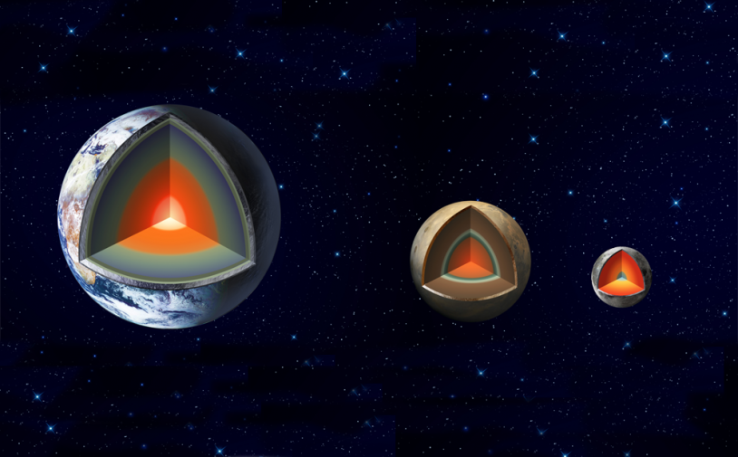 Comparaison en vue d&#039;artiste des coeurs de la Terre, Mars et la Lune. Crédits : JPL/NASA.
