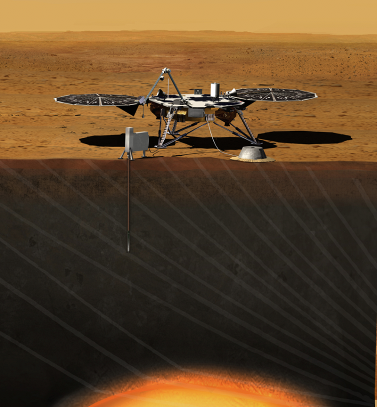 Vue d&#039;artiste du rover de la mission InSight sur Mars. Crédits : JPL/NASA.
