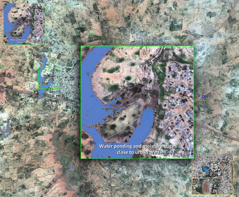 Ville de Dosso au Niger : zones inondées résiduelles réalisée à partir d’une image Pléiades. CNES 2012 - Distribution Astrium Services / Spot Image S.A., tous droits réservés, carte produite par le SERTIT.