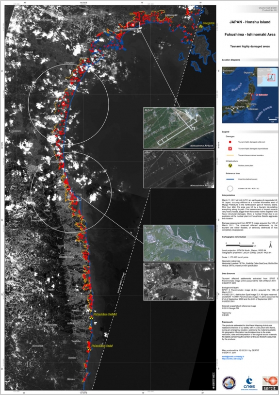 Impact du tsunami du 11 mars 2011 sur le Japon vu par le satellite SPOT 5. Crédits : CNES, USGS, Google, ESRI - carte produite par le SERTIT.