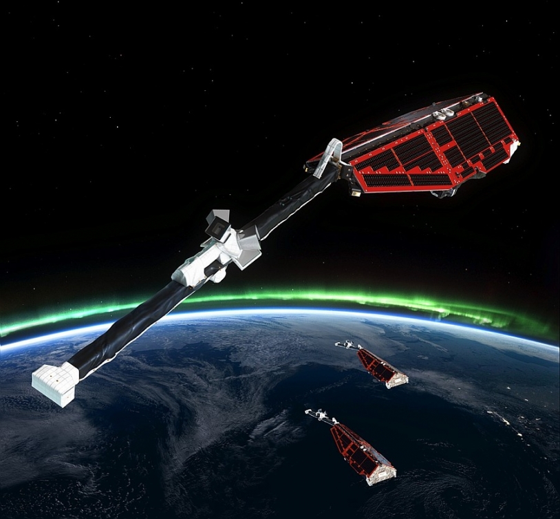 Les 3 satellites Swarm enregistreront les données du champ magnétique terrestre depuis l&#039;orbite basse (460-530 km d&#039;altitude). Crédits: ESA/CARRIL Pierre, 2013.