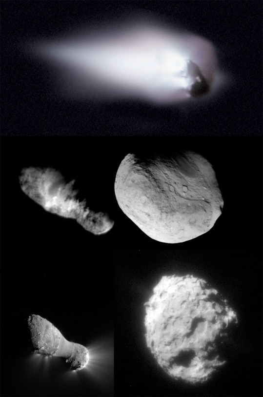 Les noyaux des comètes 1P Halley, 19P Borrelly, 9P Tempel, 103P Hartley et 81P Wild. Crédits : ESA/NASA/JPL/Cornell/Caltech/UMD 