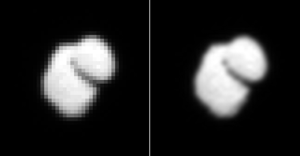 À gauche, une image de la comète 67P/Churyumov-Gerasimenko, prise le 14 juillet 2014 par OSIRIS à près de 12 000 km ; à droite, la même image interpolée. Crédits : ESA/Rosetta/MPS for OSIRIS Team MPS/UPD/LAM/IAA/SSO/INTA/UPM/DASP/IDA.