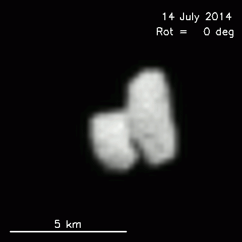 Sequence of 36 interpolated images of comet 67P/Churyumov–Gerasimenko taken at 20 min. intervals by the OSIRIS camera on 14 July. Credits: ESA/Rosetta/MPS for OSIRIS Team MPS/UPD/LAM/IAA/SSO/INTA/UPM/DASP/IDA.