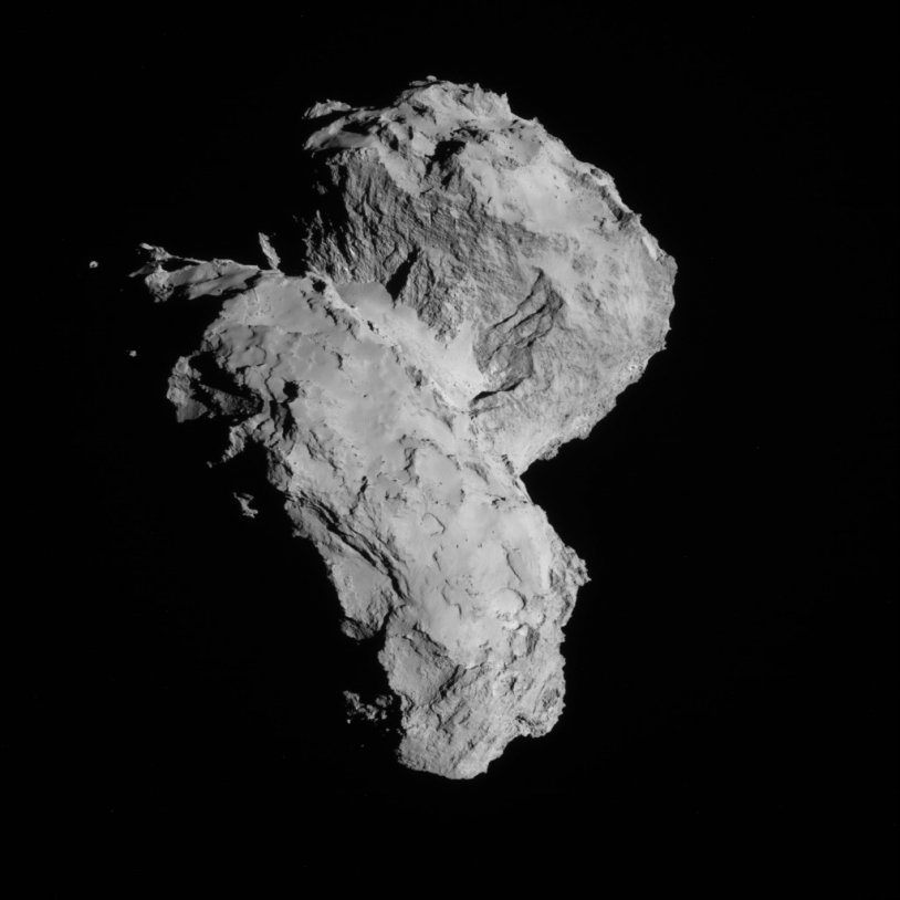 Image du noyau de 67P vu par la caméra de navigation de Rosetta le 22 août 2014 à une distance de 64 km. Crédits : ESA/Rosetta/NAVCAM.