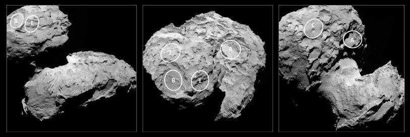 Location of the five landing sites selected for Philae. Credits: ESA/Rosetta/MPS for OSIRIS Team MPS/UPD/LAM/IAA/SSO/INTA/UPM/DASP/IDA.