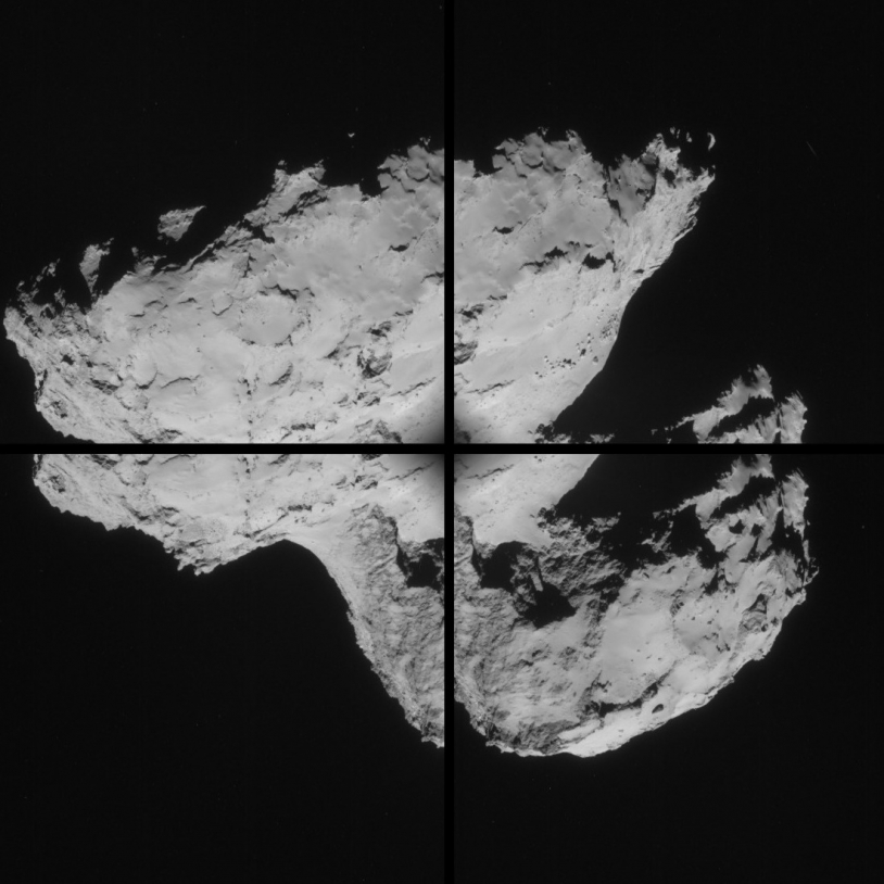 Ces 4 images ont été prises le 31 août par la caméra de navigation de Rosetta, à près de 61 km du noyau. Crédits : ESA/Rosetta/NavCam.