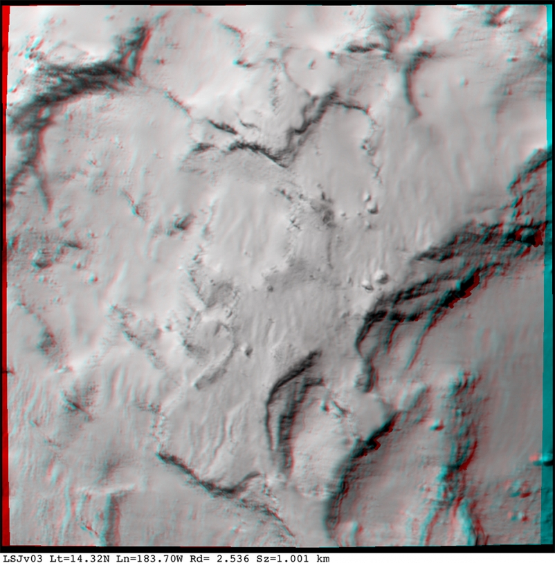 Anaglyph centred on Site J (use viewing glasses with a red filter on the left eye and a green or blue filter on the right eye); 26 August, 48 km from the nucleus at a resolution of 0.96 m/pixel. Credits: ESA/Rosetta/MPS for OSIRIS Team MPS/UPD/LAM/IAA/SSO