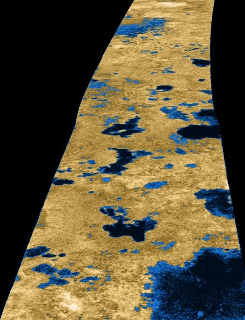 False-colour SAR image radar-dark pathes around Titan&#039;s north pole. Copyright : NASA/JPL/USGS.