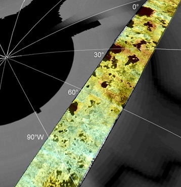 A view of Titan’s north pole surrounded by lakes. Crédits : NASA/JPL, Cassini Radar Team, F. Paganelli.