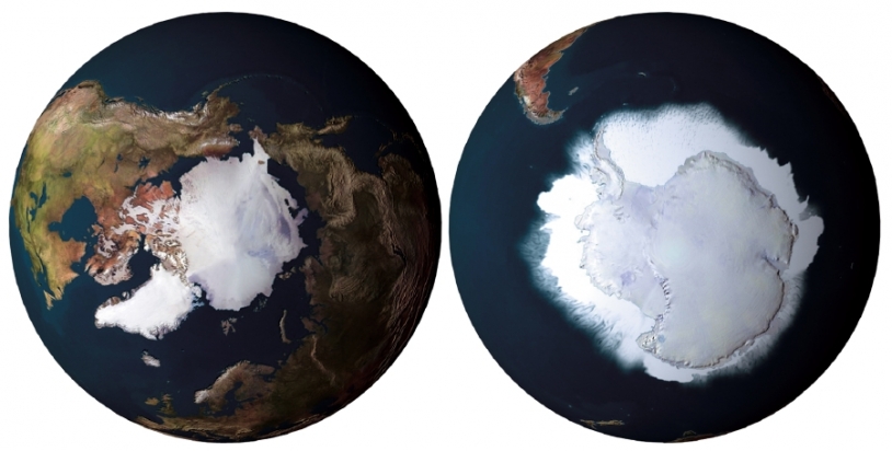 Observation de la Terre par satellite, Arctique (à gauche), Antarctique (à droite). Crédits : ESA/AOES Medialab.
