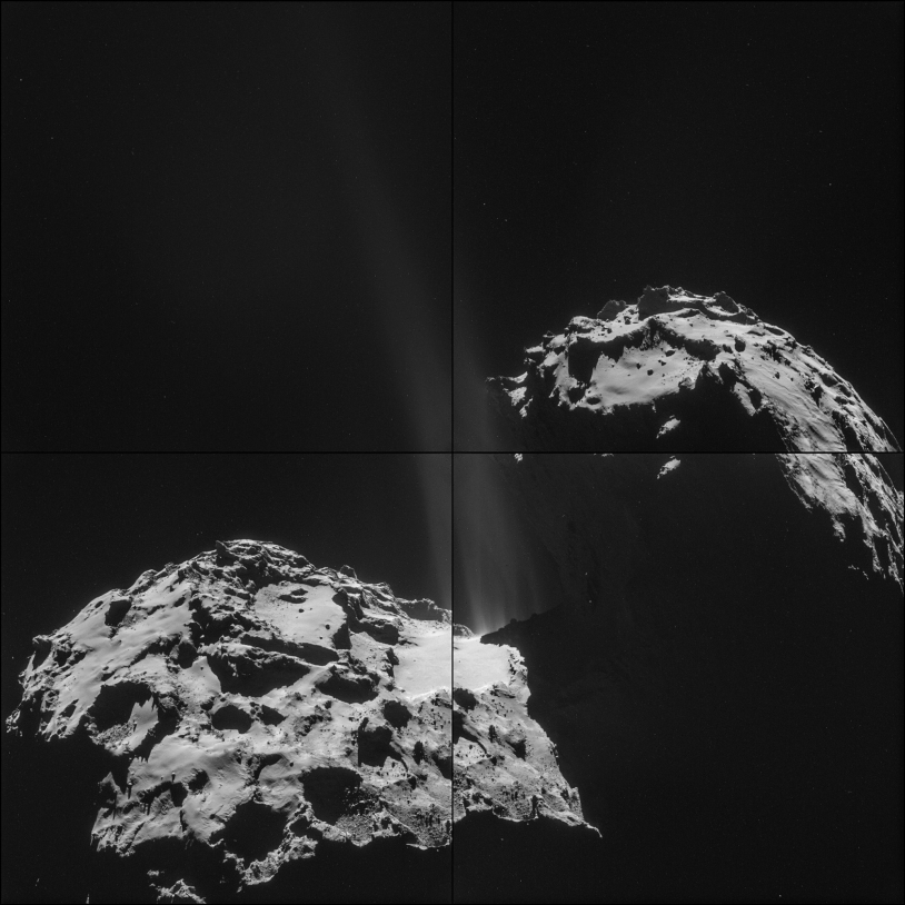 Les 4 images prises par la caméra de navigation de Rosetta le 26 septembre à 26,3 km du centre du noyau de la comète 67P. Crédits : ESA/Rosetta/NavCam.